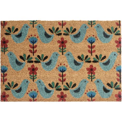 Felpudo de fibra de coco antideslizante 40 x 60 cm con dorso de PVC motivo pájaros multicolor Tanana