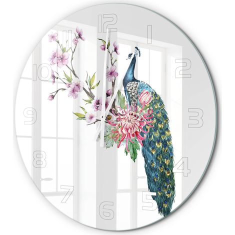 Horloge Murale Ronde Installation Facile Verre Silencieuse pour Salon Cuisine Paon et fleurs fi 60 cm (1/5)