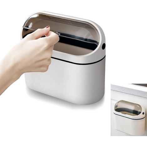 Mini cesta de escritorio con tapa, 2 L, cesta de mesa de pared, papelera para cocina, dormitorio, baño, blanca (20,5 x 10,2 x 19 cm) (1/5)