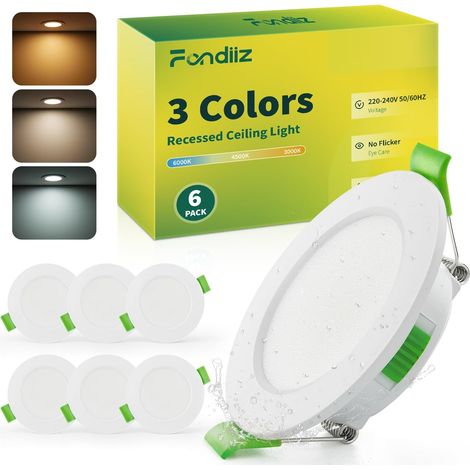 Spot LED Encastrable Extra Plat 3.5W 3CCT 220V, 55-68mm Découpe 340LM Spots de Plafond Blanc Chaud 3000K Blanc Neutre 4500K Blanc Froid 6000K Reglable, IP44 pour Salle de Bain, Lot de 6 (1/5)