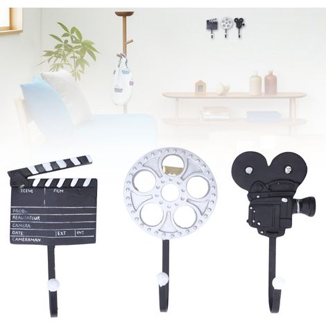 [Ganchos de pared] Ganchos de pared de resina vintage estilo cine (14 cm) – 3 ganchos decorativos para llaves, ropa y bolsos. (1/5)