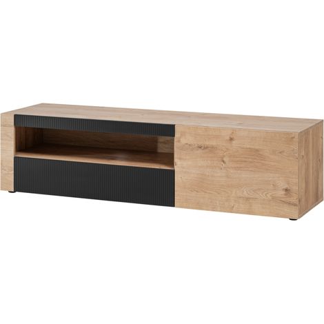 Meuble TV Aron - Bois MDF noir mat et chêne Ribbeck - 160 x 42 x 45 cm - Livraison gratuite (1/5)