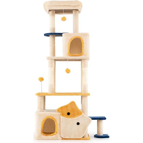 COSTWAY Albero per Gatti da Interno Alto 159 cm, Tiragraffi per Gatti con 2 Condo, Posatoio Morbido Rimovibile e Palo Scratcher in Sisal, Centro Attività Versatile per Animali Domestici (1/5)