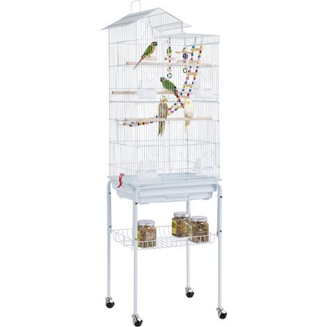 Yaheetech – Cage à oiseaux portable 46 x 36 x 159 cm – Métal peint et bois – 3 perchoirs en bois, 4 mangeoires, 1 balançoire – Pour calopsittes et conures