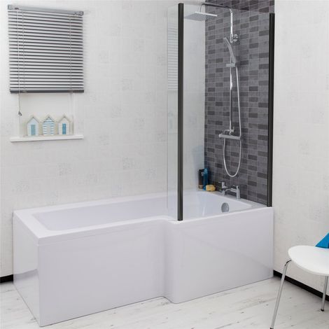 Bathroom L Shaped Bath Black Shower Screen Right Hand Front Panel White 1700mm (1/5)