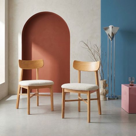 Lot de 2 chaises vintage bois d'hévéa et bouclette - Théa Naturel / Blanc (1/5)
