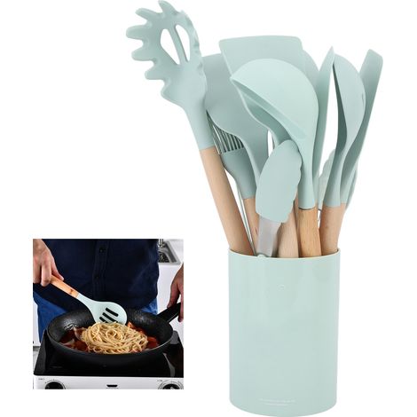 Seau de rangement avec poignée en bois, ensemble de 11 ustensiles de cuisine en silicone, vert clair. (1/5)