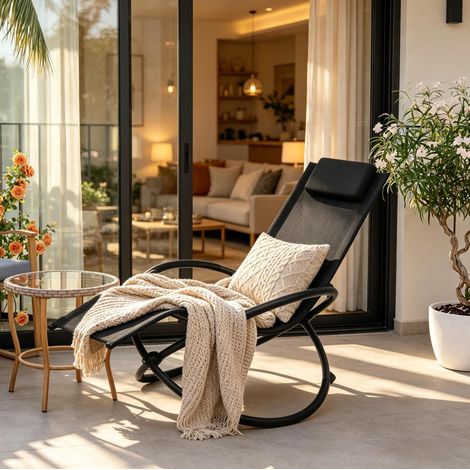 Chaise longue à bascule 143,5/66/86 cm noire en métal avec accoudoirs rembourrés (1/5)