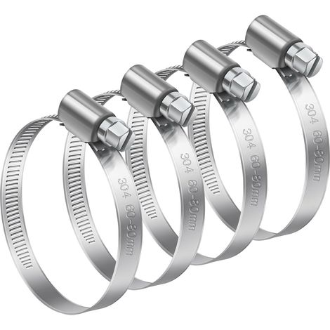 60-80mm Collier de Serrage Réglable, 4 Pcs Inox 304 Métallique Pour la Plomberie, Piscine, l'Automobile et les Applications Mécaniques (1/5)