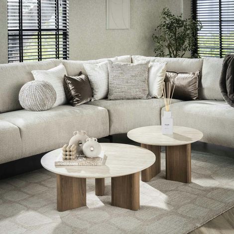 Pier Import – Table basse ronde en céramique (lot de 2) – Finition effet travertin – Diamètre 76 cm x Hauteur 30 cm – Idéale pour intérieur élégant (1/5)