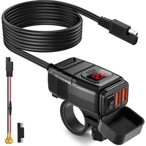 Cargador USB para motocicleta QC3.0 resistente al agua de 12 V, adaptador de carga rápida con voltímetro, cargador de teléfono para montaje en pasamanos, rojo, universal, seguro y duradero. (1/5)