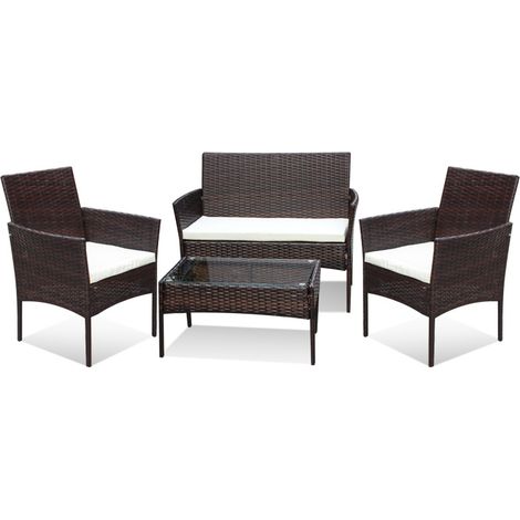 SWANEW Set di mobili da giardino in resina intrecciata - 4 posti - Divano + Poltrona + Tavolo + Cuscini per seduta Marrone (1/5)