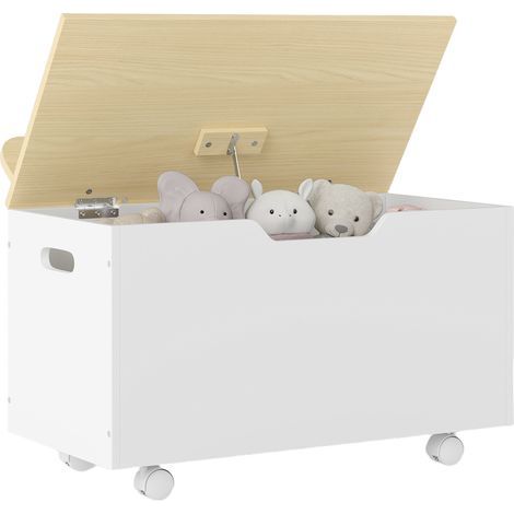 Coffre à jouet enfant sur roulettes – Couvercle rabattable avec charnière de sécurité – MDF blanc – 59 x 30 x 53 cm – Rangement spacieux (1/5)
