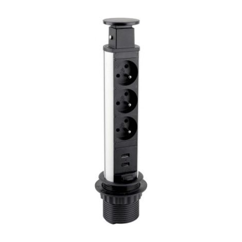 Prise encastrable verticale ronde 3X 230V 2X USB A Noir