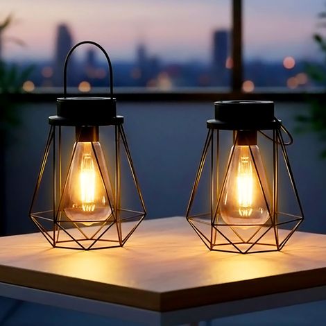 Solar Laterne schwarz 18 x 15 cm zum Hängen oder Stellen - 2er Set - Industrial Design Dekoleuchte mit LED Glühbirne warm weiß