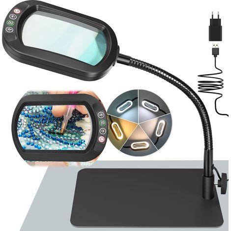 10X Rectangulaire Lampe Loupe sur Pied, LED Lampe de Bureau Loupe Eclairante, 5 Modes de Couleur, Intensité Variable en Continu, Loupe Flexible à Col de Cygne pour Lecture Artisanat Réparation (1/5)