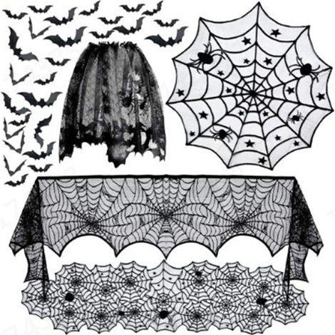 Ensemble de 5 décorations d'Halloween : nappe, chemin de table, guirlande, foulard et abat-jour en forme de toile d'araignée, orné de 36 chauves-souris. (1/5)