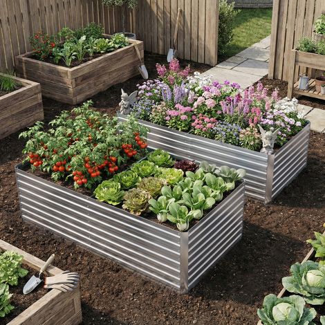Ensemble de 2 bacs de jardin surélevés en métal galvanisé avec rebord sécurisé, jardinière surélevée pour légumes, argent (1/5)