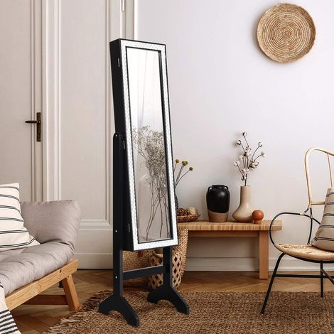 COSTWAY Freistehender Schmuckschrank mit Spiegel, Spiegelschrank mit Verstellbarer Winkel, Glitzernder Rahmen, Standspiegel Schmuckregal Ganzkoerperspiegel für alle Arten von Schmuck Schwarz (1/5)