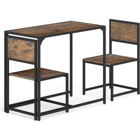 Ensemble table et 2 chaises de salle à manger, gain de place, structure métal stable, effet bois brun (1/5)