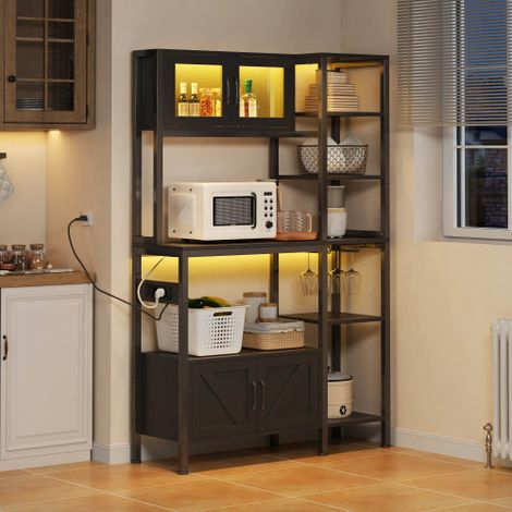 Étagère autoportante, en MDF, noire, avec prise et éclairage LED, 115x40x180 cm, avec fonction de rangement