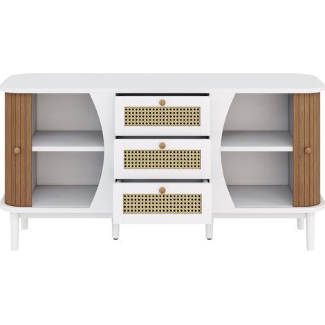 Buffet blanc et bois avec 3 tiroirs en rotin, étagères réglables, 140,5 cm (1/5)
