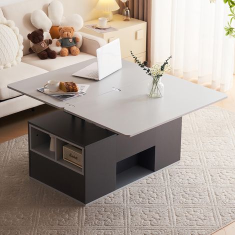 Table basse multifonctionnelle relevable  - Plateau dépliable en 2 tables, Gris foncé + Gris clair, Grande capacité, Mobilier de salon moderne, Table d'appoint/table de salle à manger/bureau (1/5)