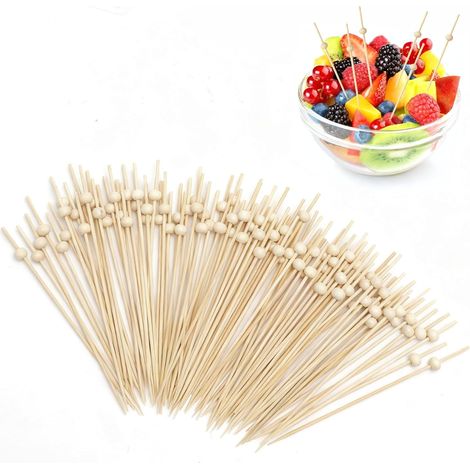 Lot de 100 brochettes en bois pour décoration de cocktail, apéritif, apéritif, nourriture de fête, baguettes de fruits, accessoires de nourriture pour doigts (12 cm) (1/5)