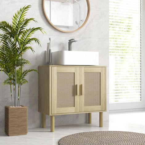 Meuble salle de bain sous lavabo meuble sous lavabo portes en rotin pieds bois de pin 2 niveaux 60 x 30 x 60 cm chêne (1/5)