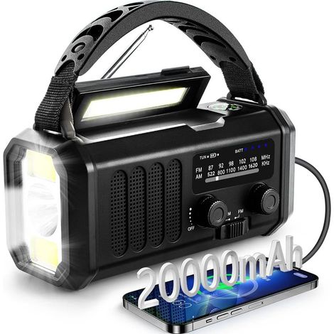 Radio d'urgence portable 20000mAh : Recharge solaire/manivelle, FM/AM, lampe, boussole, alarme SOS – Power bank smartphone