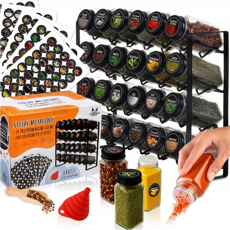 Schwarzer Metallständer FALA + 24 Gläser à 120 ml mit schwarzem Deckel und Sieb + 200 Etiketten + Trichter