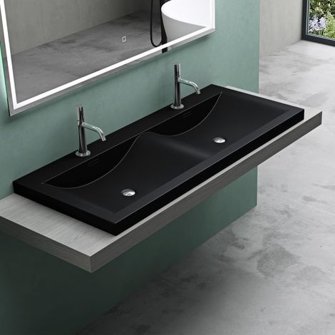 Mai & Mai Waschbecken Einbauwaschbecken Waschtisch 2 Becken Mineralguss rechteckig 2 Armaturenlöcher Überlauffunktion BxTxH 120x48x14 cm Schwarz Col03
