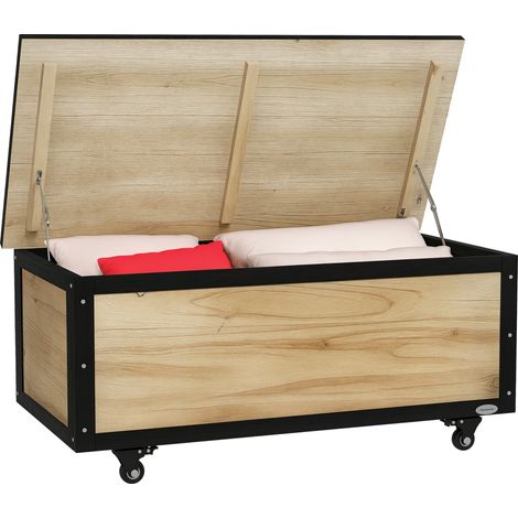 Cassapanca da giardino, 121 litri, 2 ruote, resistente alle intemperie, cerniere in metallo, legno naturale, 100 x 50 x 43 cm