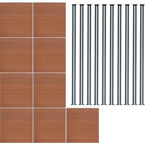 Kit Clôture 9 Panneaux Composite Plastique Marron 10 Lames à Emboîter 185 cm H x 1564cm L & 9 Poteaux en Aluminium à LED Solaires Texture de Bois Reversible Brise-Vue Extérieur Jardin Mur d'Intimité