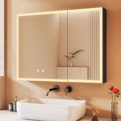 80 x 60 cm Spiegelschrank Bad mit Beleuchtung LED Spiegelschrank mit Beleuchtung Badspiegel Schwarz mit Beleuchtung Badschrank Hängeschränke mit 3 Einstellbare Lichtfarben Beschlagfrei, Schwarz