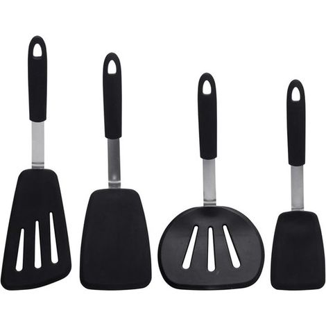 Juego de 4 espátulas, Utensilios de cocina de acero para muelles, Espátula de silicona cocinar, Utensilios cocina antiadherentes silicona, Negro (1/5)