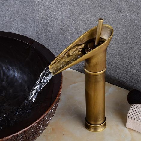 Robinet Cascade Laiton Vintage pour Lavabo Salle de Bain, Mitigeur Monotrou Chaud Froid, Design Antique avec Tuyaux- (1/5)