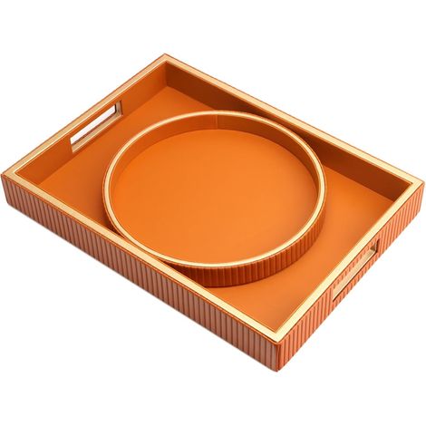Plateau de rangement en cuir - Plateau de service décoratif pour articles divers, cosmétiques, téléphone, portefeuille, couverts (support orange avec disque) (1/5)
