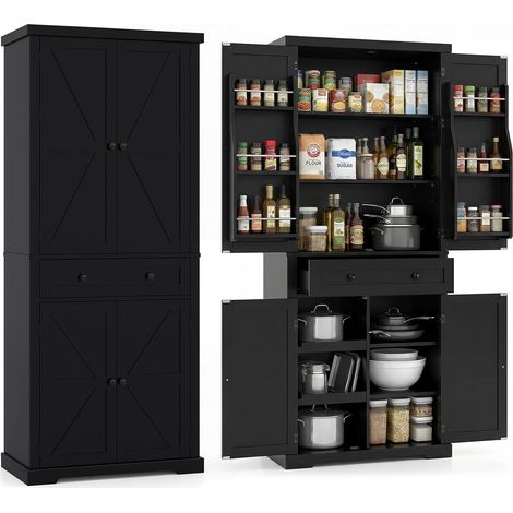 COSTWAY Credenza Cucina Alta 4 Ante,con 6 Ripiani sulle Ante,4 Ripiani,77 x 40 x 184 cm,Nero (1/5)