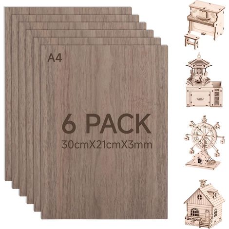 6PCS contreplaqué 3mm noyer A4 300 x210mm planche bois panneau feuille plaque bois walnut plywood Contreplaqué noyer découpe laser découpe laser gravure cnc pour diy Maquette et projets de décoration (1/5)