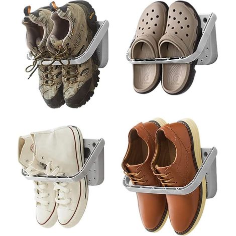 Ensemble de 4 étagères à chaussures pliables, à fixer au mur, sans perçage, pour portes d'entrée, salles de bain, gris (1/5)