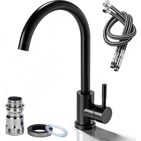 Robinet de cuisine rotatif à 360° - Mitigeur de cuisine en acier inoxydable - Mitigeur monocommande - Robinet d'évier avec tuyau de 60 cm - Raccords G3/8 - Noir (1/5)
