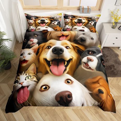 Housse de Couette Enfant 140x200 Animal de Dessin Animé, Parure de Lit Chien Chat Kawaii, Sets de Housses de Couettes Mignon Chaton Carlin, Couvre Lit Fleurs de Cerisier Rose - 140x200cm + 1 Taie Orei (1/5)