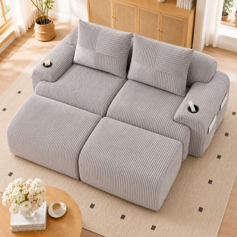 Sofá modular de 2 plazas (200x174x80 cm), con portavasos y bolsillo lateral, tejido de pana, gris claro (1/5)