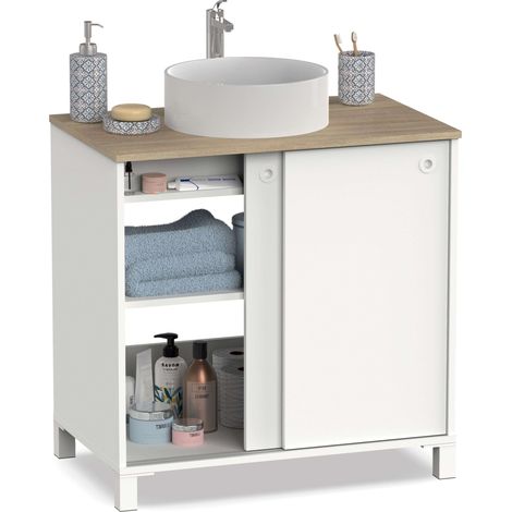 Mueble de Baño Sella Estilo Nórdico en Color Blanco y Roble Cambrian con 2 Puertas Correderas y Patas 81x94x50 cm (Lavabo Cerámico) (1/5)