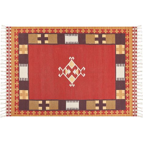 Alfombra kilim de algodón rojo marrón beige 160 x 230 cm a mano geométrico borlas Parakar