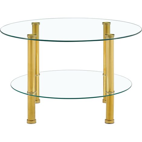 Table basse en verre double niveau ronde, structure métal doré, deux plateaux transparents, style luxe discret, 70/60 cm, idéale pour petits espaces CHICFURN (1/5)