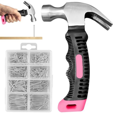 Lot de mini marteau arrache-clou 560 avec clous de quincaillerie, mini marteau arrache-clou avec poignée antidérapante, 280 clous muraux et 280 clous de finition pour bricolage, camping (1/5)