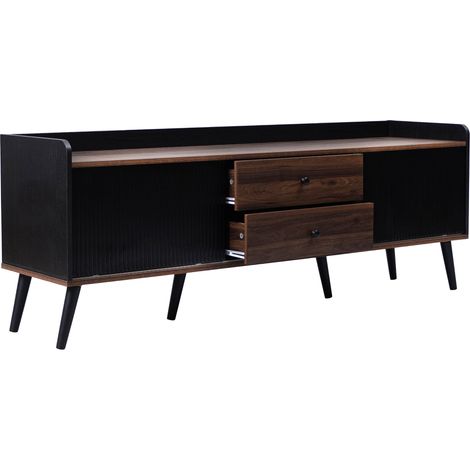 TV-Lowboard in Schwarz und Holz mit 2 Schubladen und 2 Schiebetüren, 160 x 40 x 58 cm, MODENUIT (1/5)
