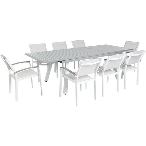 Conjunto de comedor de jardín de 9 piezas aluminio blanco gris sintético mesa extensible Pereta